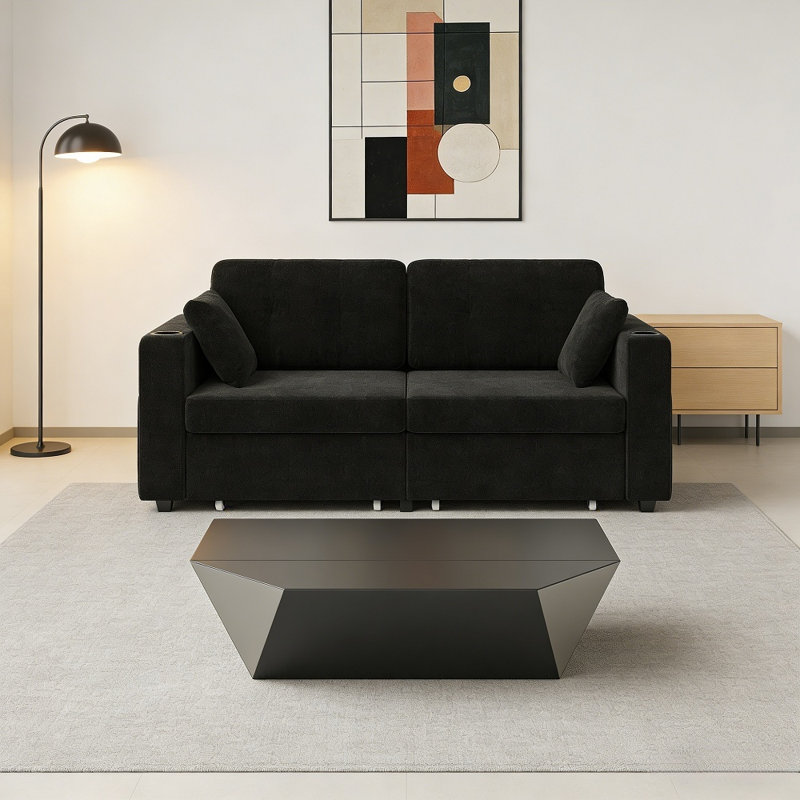 Modern 3-Seater Sectional Sofa, Chenille Couch with USB & Cup Holder, Easy to Install, Black