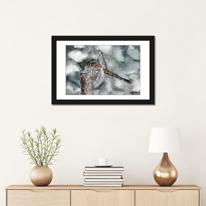 «Dragonfly II» non disponible sur toile, H 16 po x l 24 po x P 1 po, Papier d'art encadré noir, Blanc