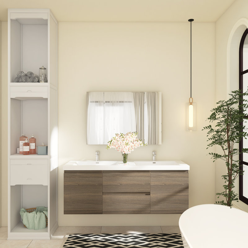 60 po X P 20 po P x 22 po Meuble-lavabo flottant double H avec plateau en résine blanc brillant, Gris cendré