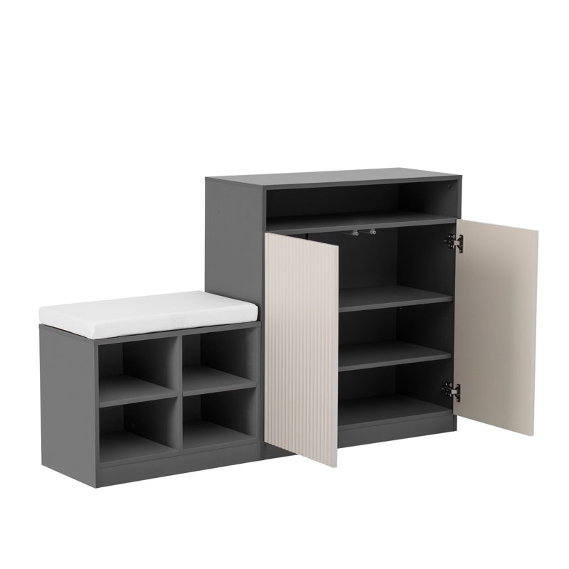 Armoire de salon U_Style avec banc à chaussures, 2 portes et 3 tablettes réglables à 3 niveaux, banc d'entrée avec 4 étagères à chaussures ouvertes et coussin amovible, console de rangement avec porte à lattes ondulées et crochets