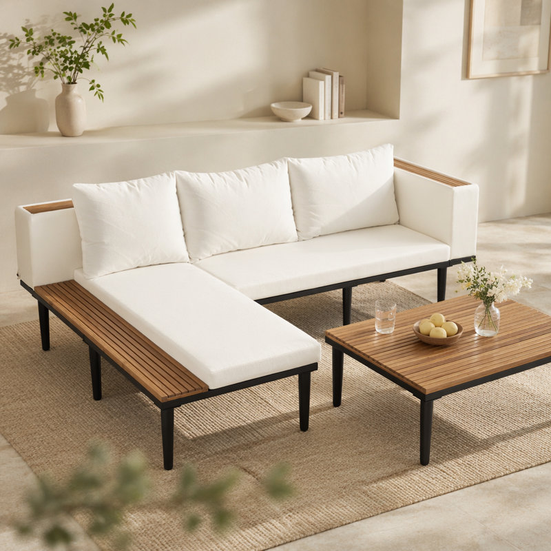 Ensemble de meubles de patio de luxe avec coussins amovibles et table basse, canapé en bois d'acacia en forme de L avec table d'appoint, canapé modulaire d'extérieur pour la cour, véranda, beige