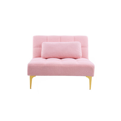 Convertible Single Sofa Bed Futon With Gold Metal Legs Teddy Fabric (Pink)