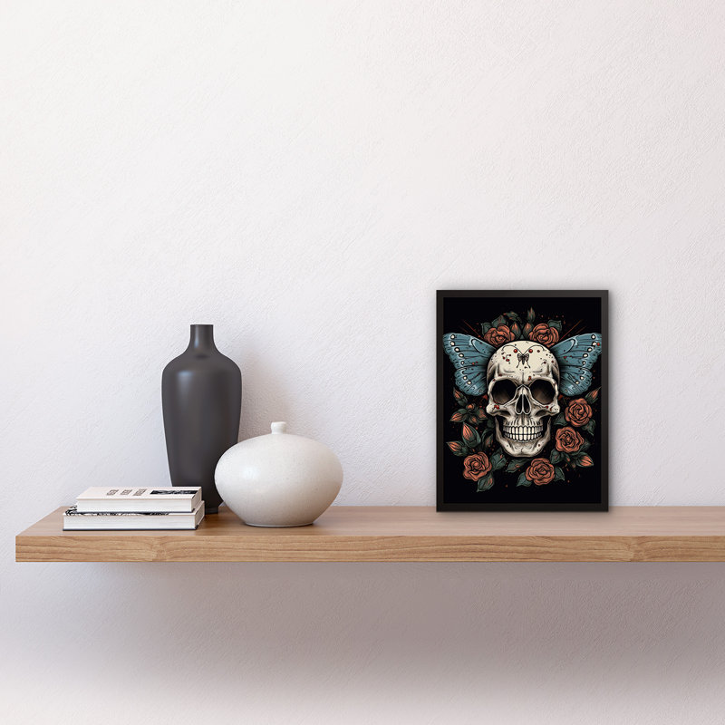 Allandy Skull Moth And Roses Tattoo Ink Body Art Rockabilly Americana - Single Picture Frame Print