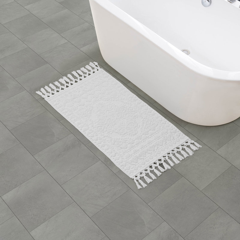 French Connection Nellore Fringe Machine Washable Cotton Bath Rug, Natural White, 38" L x 20" W