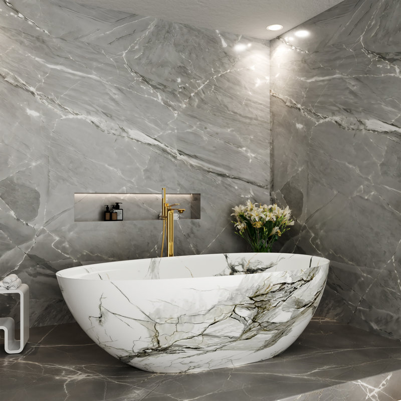 CASAINC 66"x 33" Freestanding Solid Surface Soaking Bathtub with Marble Look