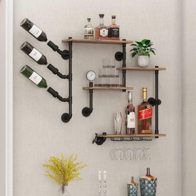 Wall Bar Shelves Industrial Pipe Shelving With 4 Stem Glass Holder, 4-Tiers Rustic Floating Wine Rack Wall Mounted Bar Liquor Shelf, 42 In Hanging Wood Shelves Glass Rack, Living Room Kitchen Decor