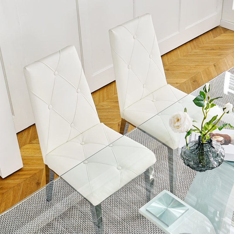 Bryttney 19.5'' H Tufted Faux Leather Upholstered Metal Side Chair, White, Chrome