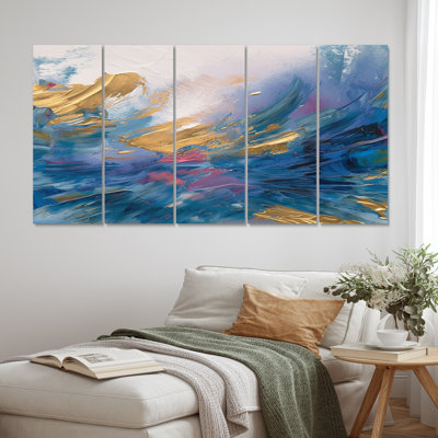 Effervescente océan Golden Sunrise Awakening V - paysage abstrait art mural salon - 5 panneaux égaux
