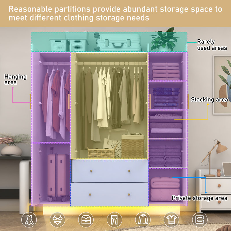 White 4-Door Wooden Wardrobe Closet with Mirrors and LED Lights