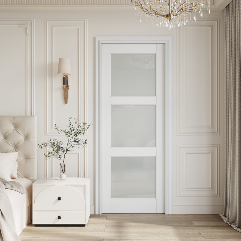 Porte intérieure en verre trempé givré de 30 po x 80 po 3-Lite, porte intérieure en aluminium apprêté prêt à peindre, sans quincaillerie, pour la chambre à coucher, le placard, le couloir, le salon, le garde-manger et la salle de bain , Française et pliante