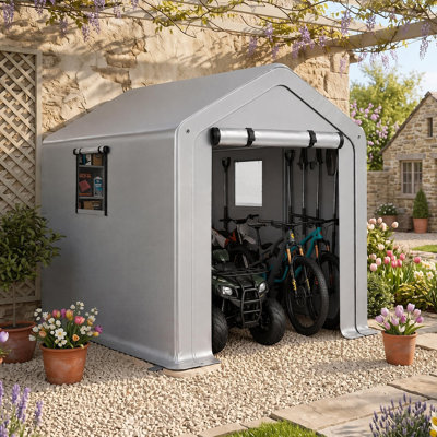 Outdoor Storage Shed with Roll-Up Door & Side Window, Heavy Duty Galvanized Steel Frame Waterproof Anti-UV PE Tarp Portable Bike & Garden Tool Shelter