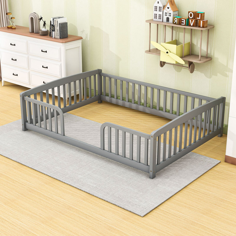 Modern Wood Floor Bed with Guardrails, Grey, Full