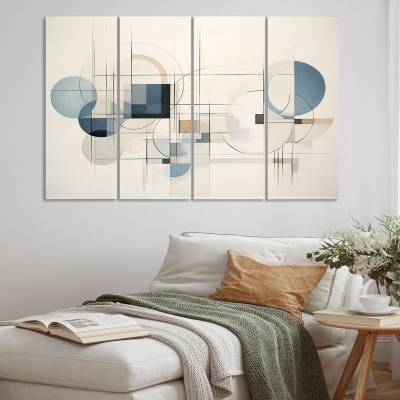 «Blue Grey Line Art Abstract Geometrics IV on Canvas», reproduction de 4 pièces