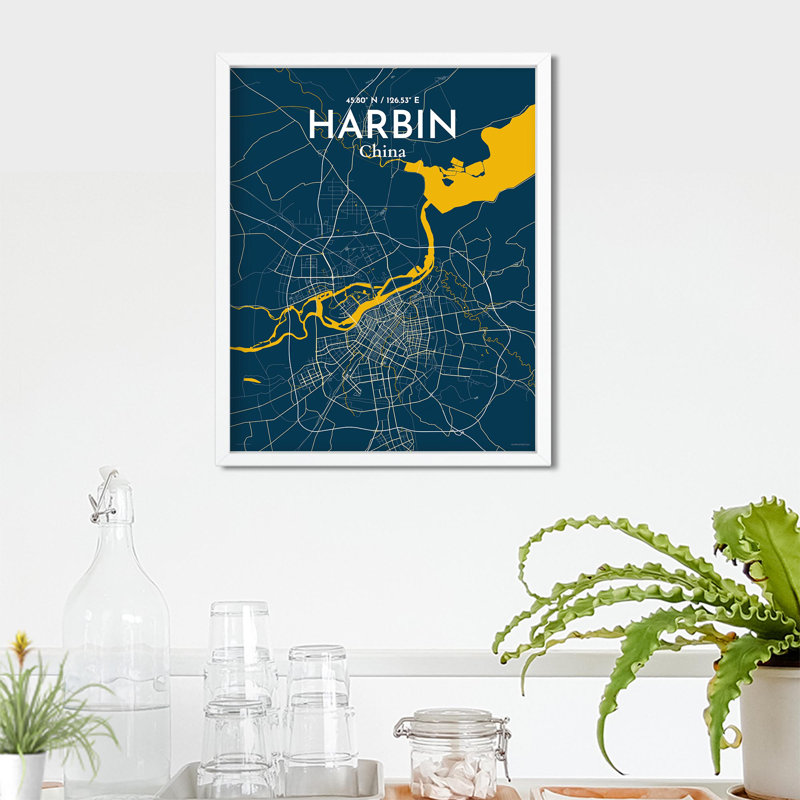 «Harbin City Map», impression, Bleu / Jaune, H 20 po x l 16 po