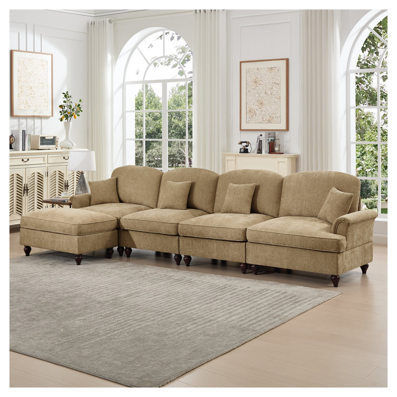 Classic Chenille L-Shaped Sectional Sofa with Removable Ruffled Skirt, Modular Deep Seat Couch with Ottoman