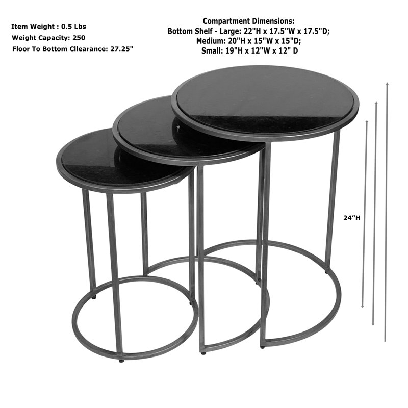 Tables gigognes rondes élégantes noires de 22 po avec un design peu encombrant, Noir, Industriel