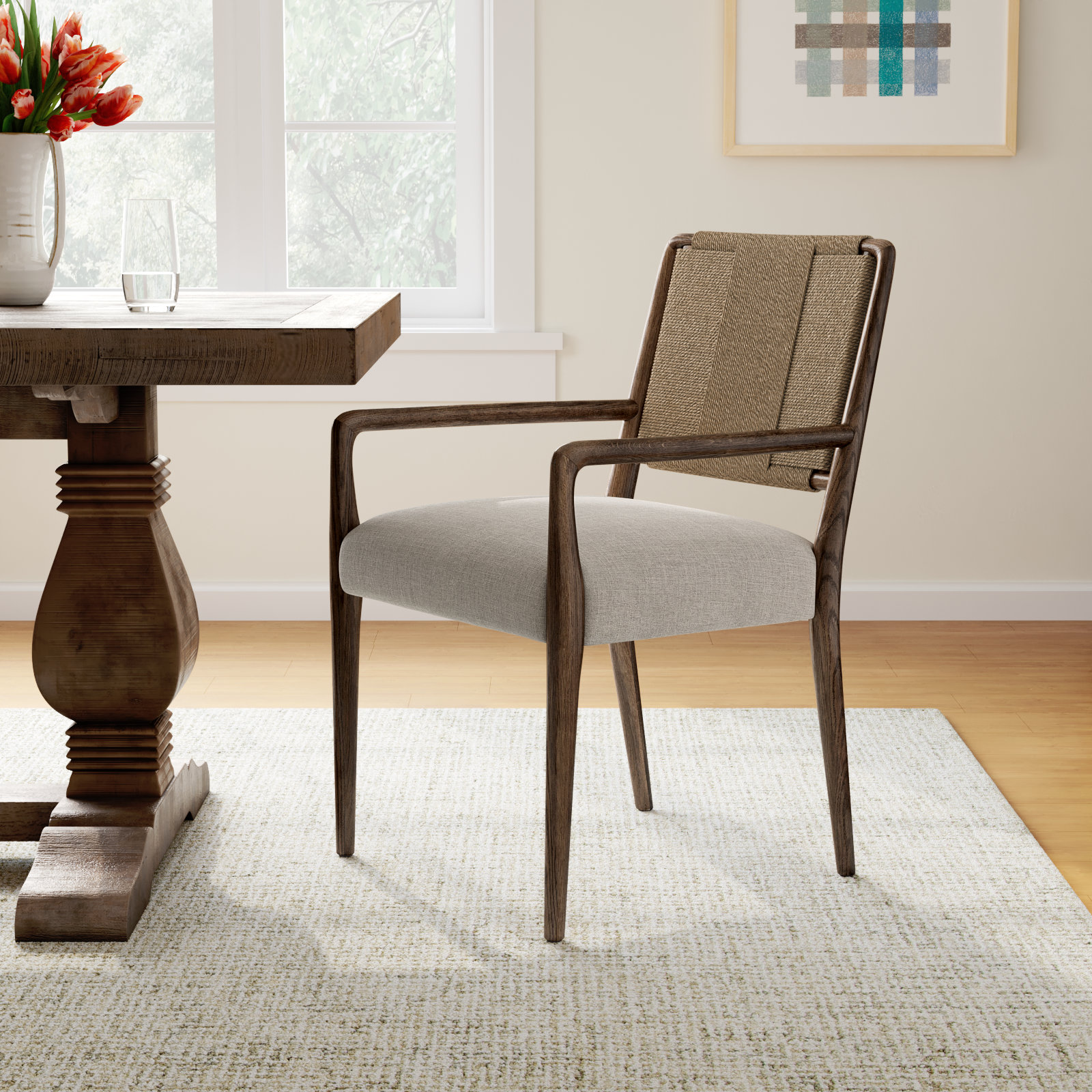 Betha Polyester Blend Armchair Dining Chair, Alcala Wheat, Tan Ash