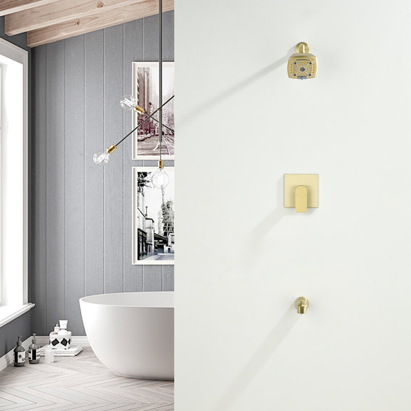 Tub And Shower Faucet With Rough-in Valve Hower Head And Handle Set, Brushed Gold