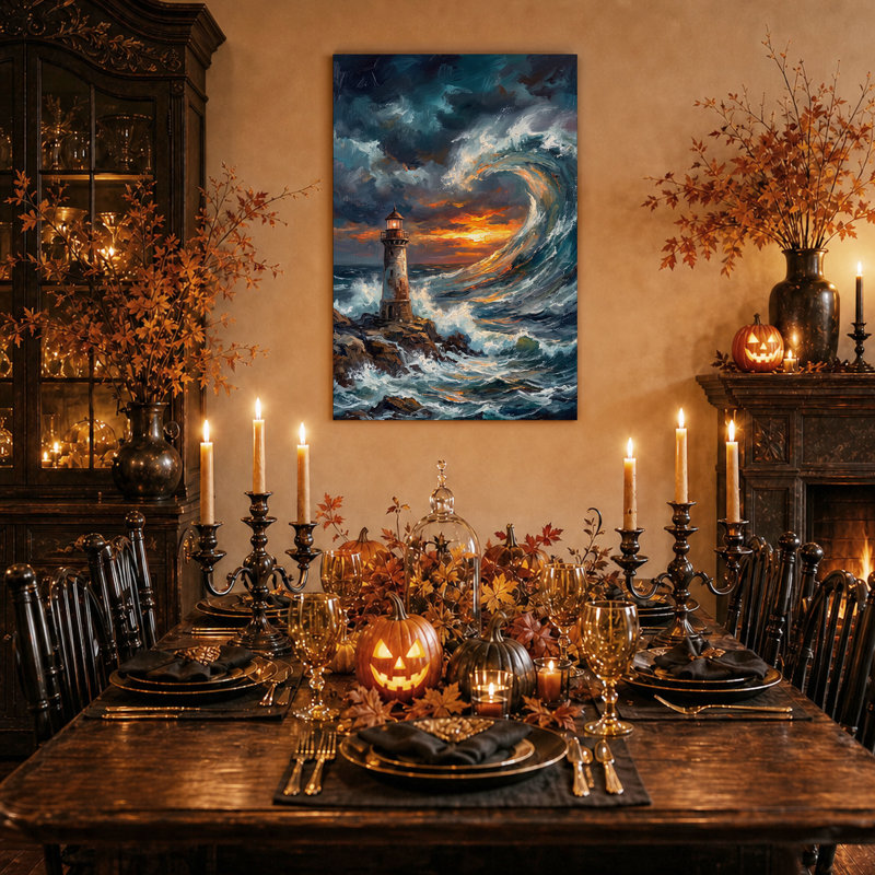 Art sur toile, "Phare au milieu d'une vague qui se brise au coucher du soleil", 30"H x 20"W