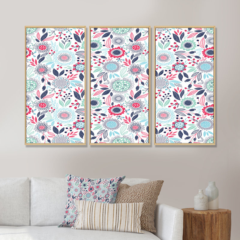 Fleurs rétro roses et bleues - ensemble de 3 reproductions d'art encadrées sur toile, H 28 po x l 36 po x P 1 po