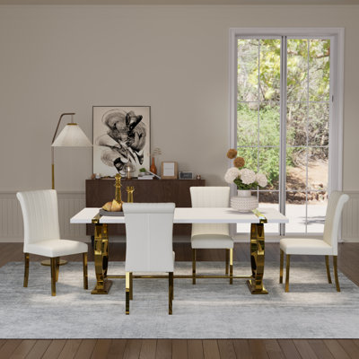 5 Piece Luxury White And Gold Dining Table Set With 4 White Leather Dining Chairs