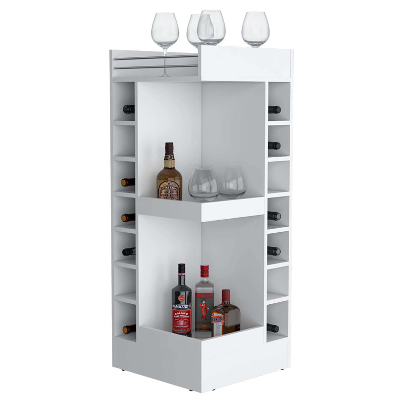 Corner Bar Cabinet With Wine Rack And Open Shelf, Natural Wood