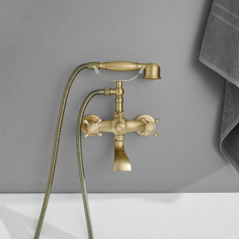 Robinet de baignoire à pattes rétro à 3 poignées avec douche à main en forme de téléphone et robinet à main, Laiton antique