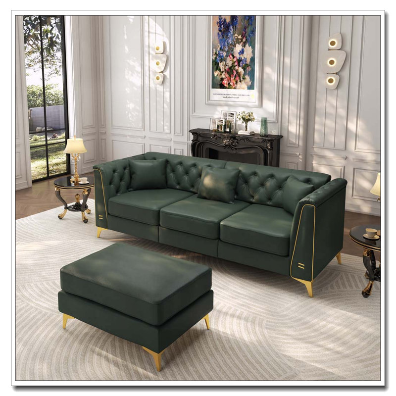 Canapé Chesterfield modulaire 3 places léger avec repose-pieds, similicuir et pieds en métal Light, 81.5"W & 1 Ottoman