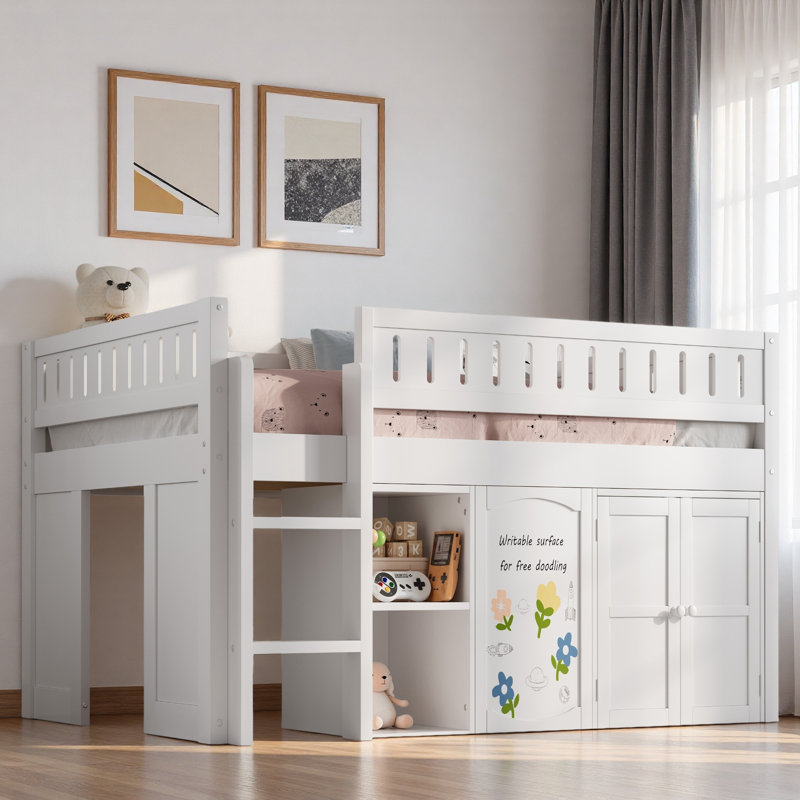 Lit mezzanine avec armoire à deux portes, tablettes ouvertes et panneau noir, Blanc