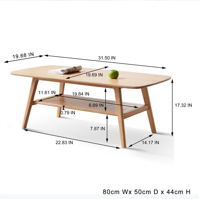 Sandwell 100% Solid Wood Rectangle Coffee Table with 2 Tier Storage, 31.5"W x 19.7"D x 17.32"H