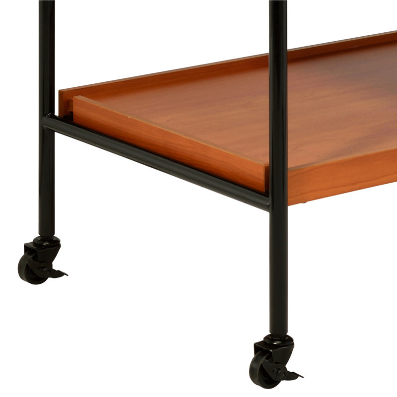 Table de service réglable en chêne miel et noir, support à verres à pied inclus, 3 compartiments de rangement ouverts, 4 roulettes pour faciliter le déplacement, structure en métal robuste, mobilier de salle à manger