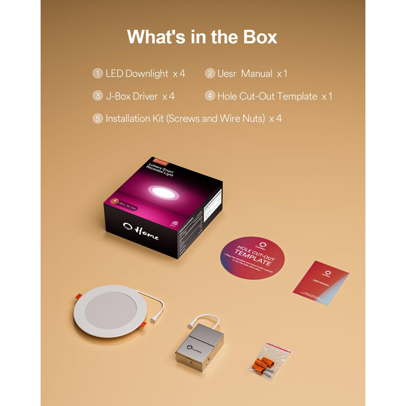 Éclairage encastré ultra-mince à DEL de 4 po Lumary, éclairage encastré à DEL à changement de couleur, lumières de soffite Wi-Fi Bluetooth avec J-Box, compatible avec Alexa / Google Assistant / télécommande BT, paquet de 4