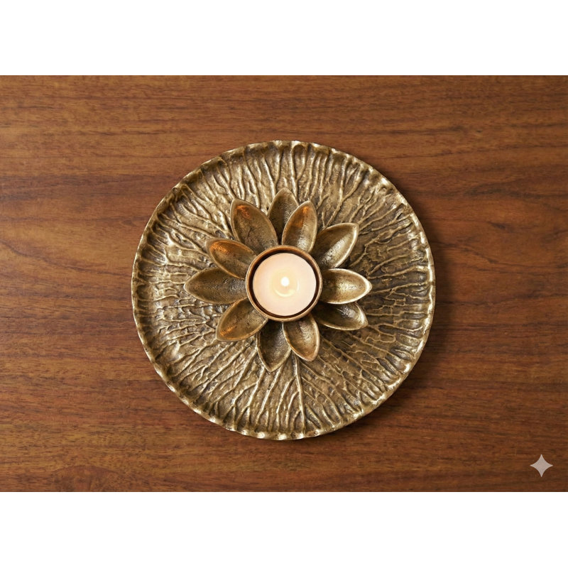 Handmade 7-Inch Brass Lotus Flower Designer Candle Stand – Artistic Lotus Leaf & Blossom Candle Holder, Premium Indian Tabletop Décor