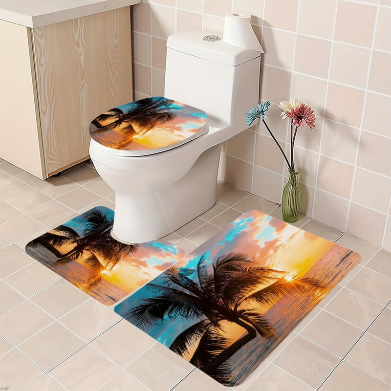 Ensemble de tapis de salle de bain orange et bleu 3 pièces Palmier Sunset