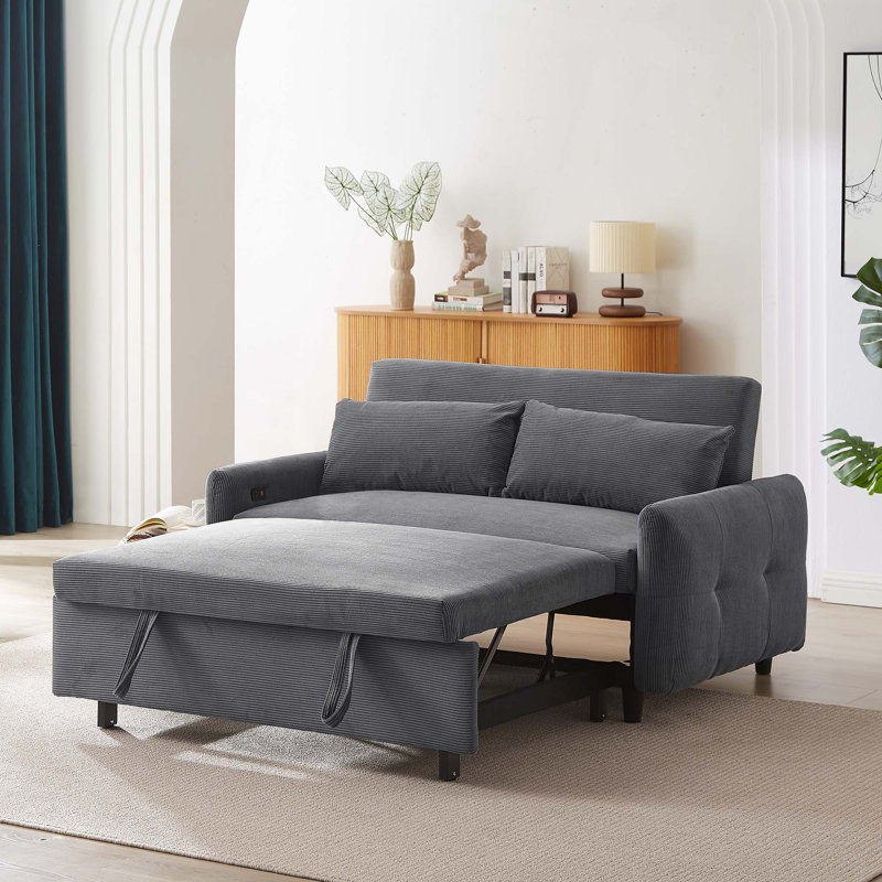 57.48"Sleeper Sofa with Two Throw Pillows and USB Ports, Dark Grey