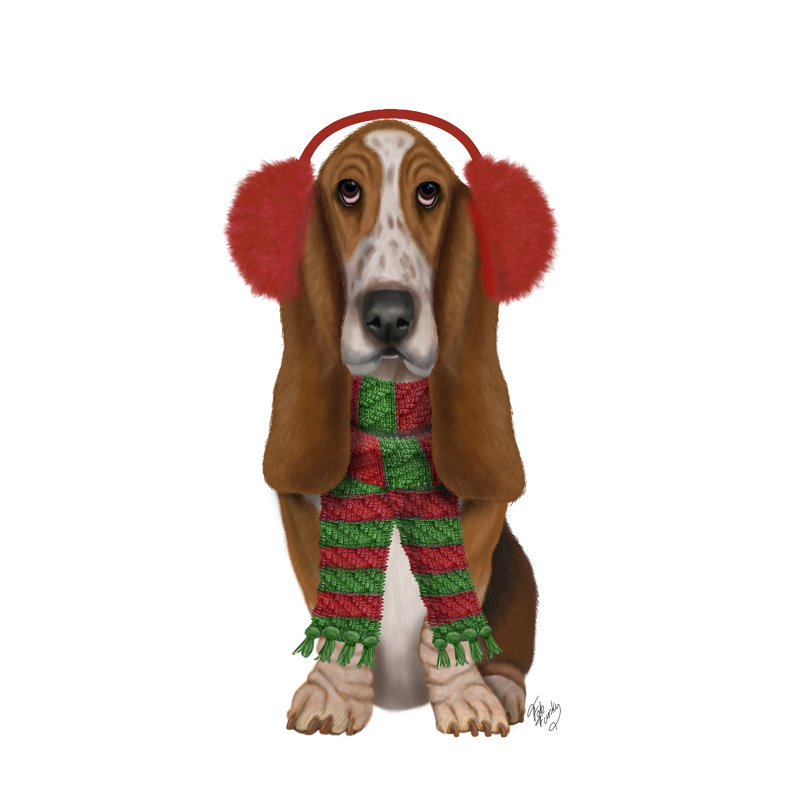 «Christmas Des - Basset hound and Ear Muff» par Fab Funky - impression sur toile tendue, H 12 po x l 8 po