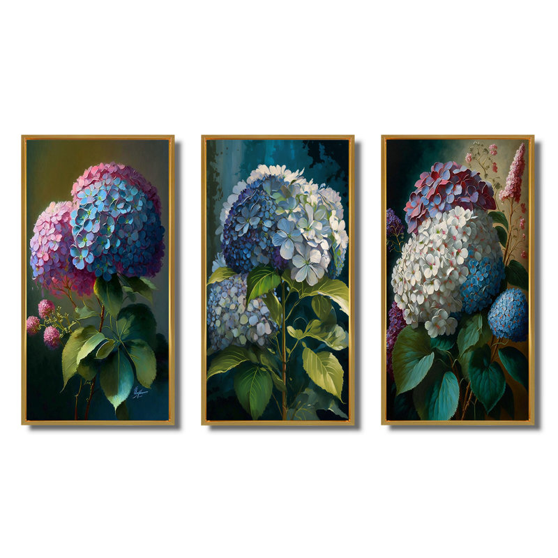 «Hydrangea Bouquet Retro Illustration», 3 pièces, H 20 po x l 36 po, Cadre flottant doré