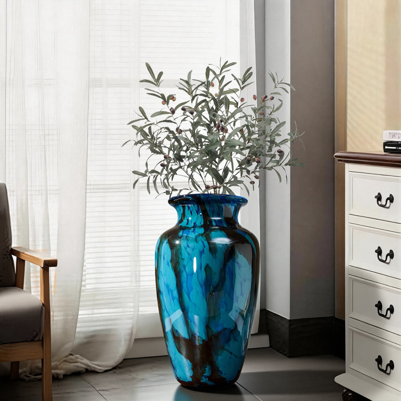 Hand-blown peacock blue feather textured colored glass table Fashionable vase with glazed glass textured wide-mouth decorative floor Modern vase
