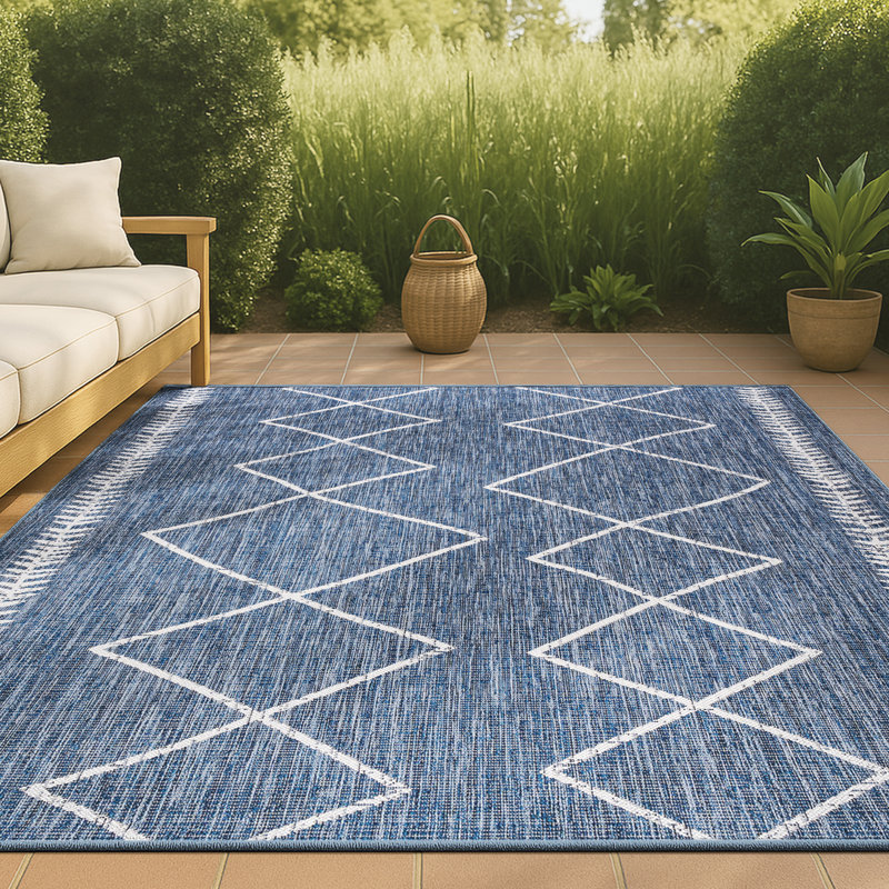 Mukilteo Tribal Diamond Trellis Blue/Ivory Indoor/Outdoor Rug, Rectangle 3'1" x 5'
