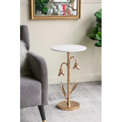 Table d'appoint tulipe dorée 14 x 14 x 24 po avec plateau en marbre blanc