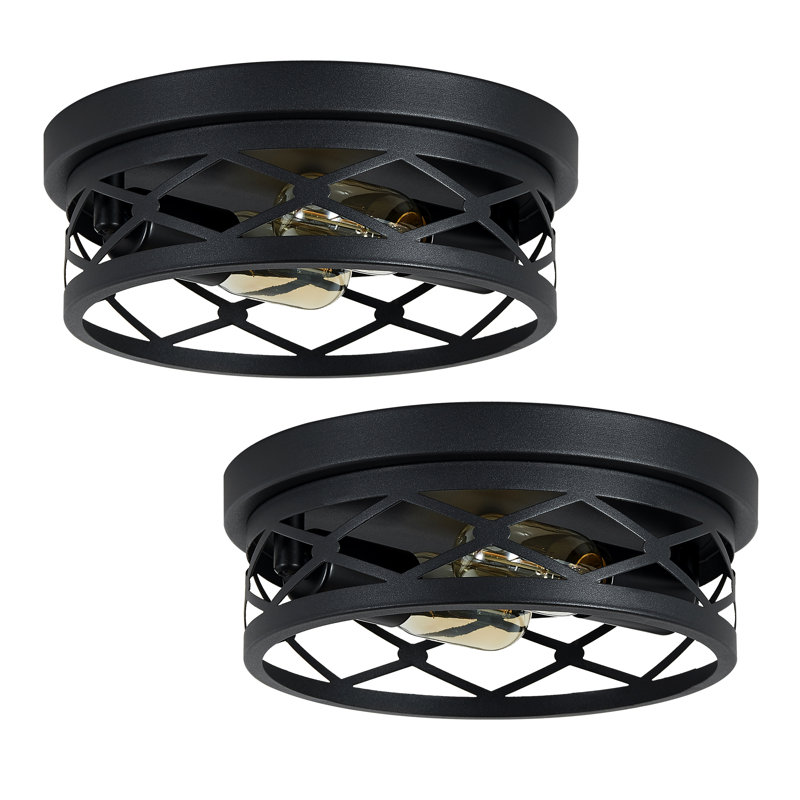 Ensemble de 2 plafonniers encastrés industriels en métal noir avec grille circulaire 2 lumières (ampoule non incluse)
