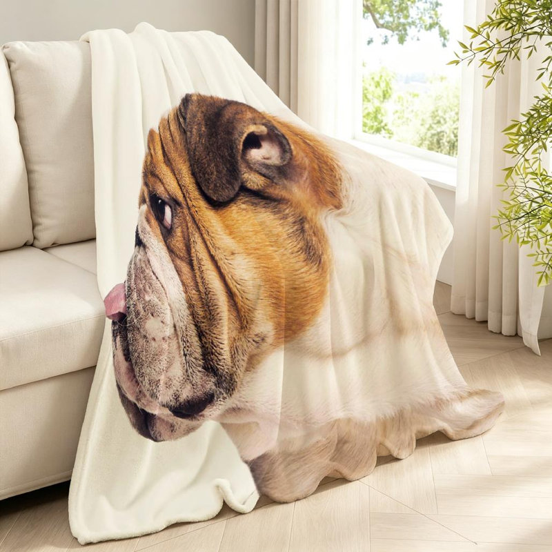 Jeté en molleton beige flanelle ultra doux, imprimé en bulldog anglais, Throw 40" x 50"