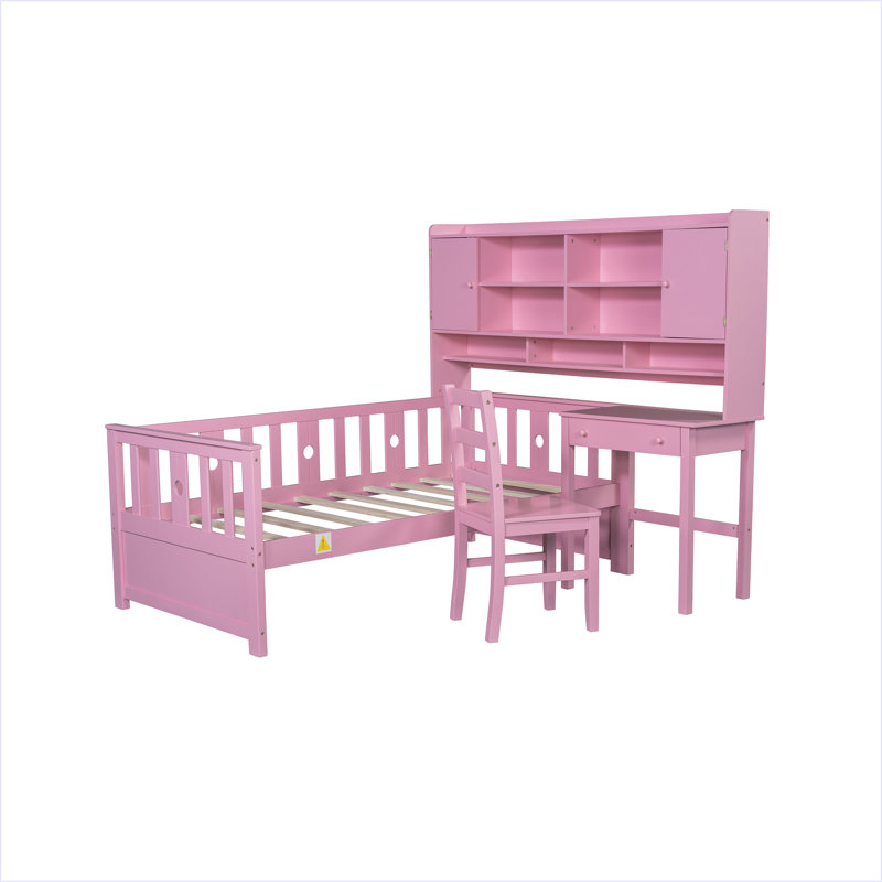 Lit plateforme simple en bois multifonctionnel avec bibliothèque à la tête du lit, Rose