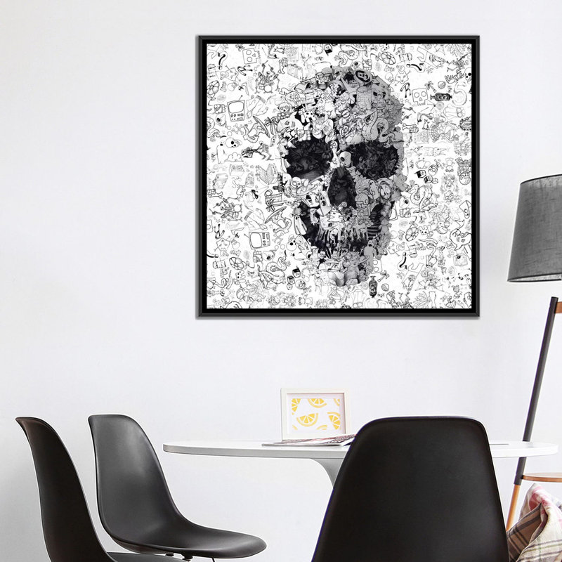 «Doodle Skull, Square» par Ali Gulec, impression sur toile tendue, H 26 po x l 26 po x P 1,5 po, Toile avec cadre noir