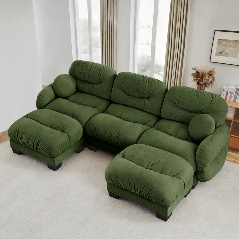 Canapé modulaire confortable à 3 places en tissu de chenille plissé avec siège ergonomique en mousse haute densité, canapé modulaire en forme de U avec 2 repose-pieds, accoudoirs arrondis arrondis et 2 coussins décoratifs ronds, vert