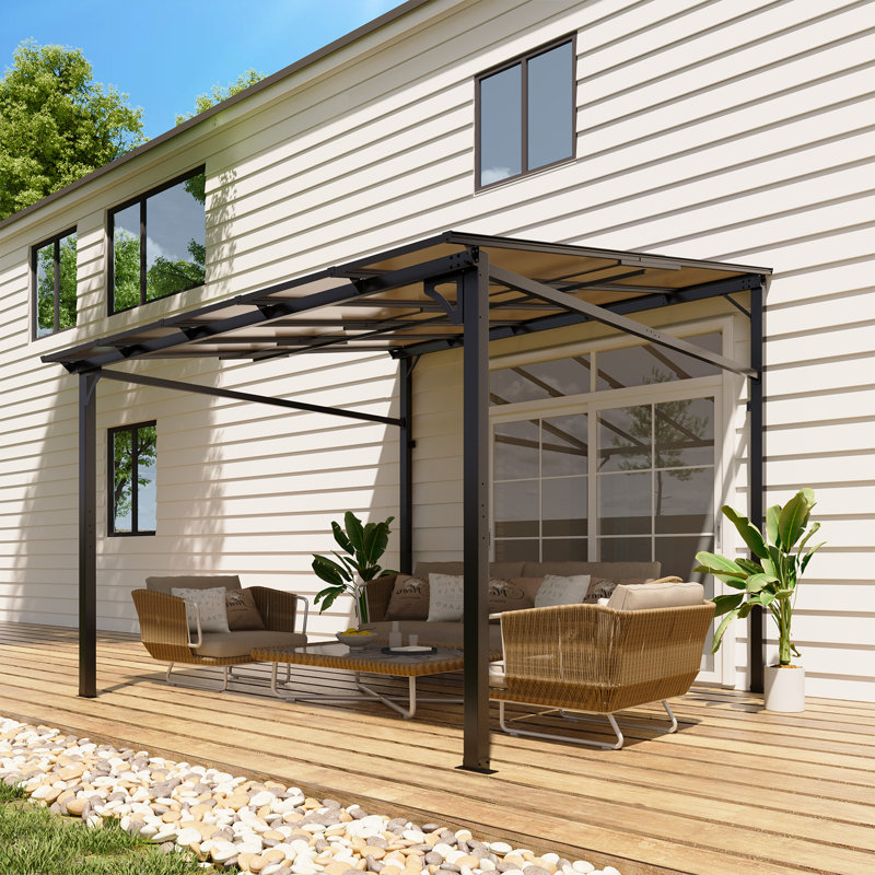 10' x 10' Hardtop Wall-Mounted Pergola, Aluminum Frame Metal Awning, Waterproof UV-Protected Canopy, Freestanding Patio/Deck/Backyard Shelter