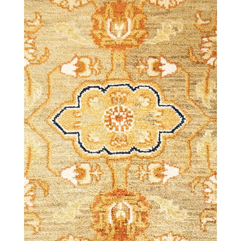 Tapis vert en laine noué à la main de conception unique 6 pi 2 po x 9 pi Deava