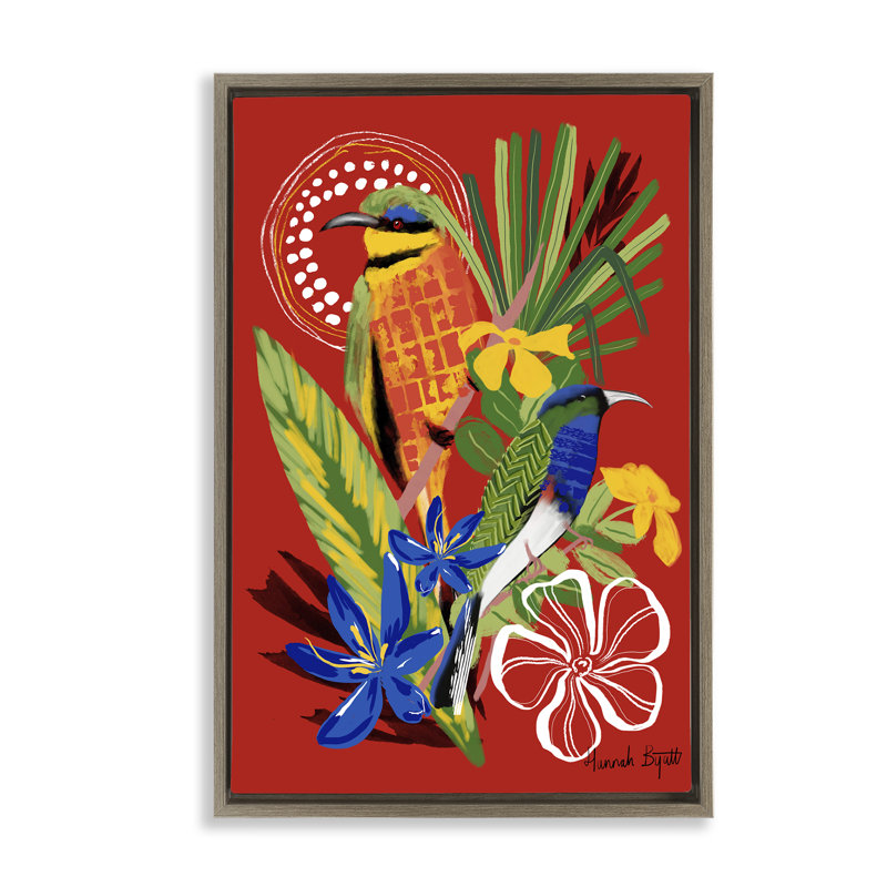 Gambia Inspired Birds Grey Framed Floater Canvas by Hannah Byatt, H 31 po x l 21 po, Cadre flottant orme Montalcino
