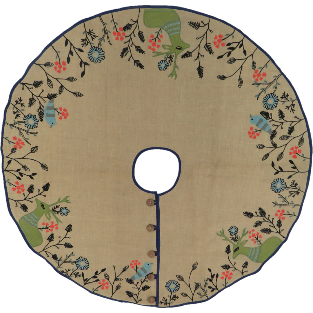 Handmade Christmas Tree Skirt in Jute - Embroidered Forest Scene - 60" Arcadia Home