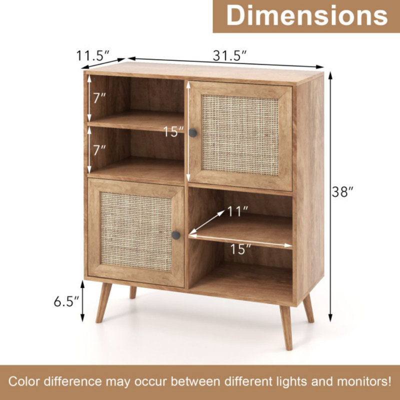 Natural Wood Mid-Century Modern Rattan Door Sideboard